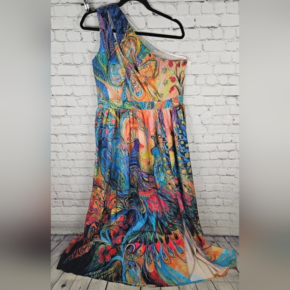 MADE WITH LOVE | grecian one shoulder peacock maxi dress - Picture 1 of 5